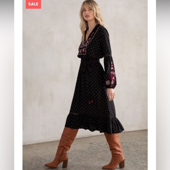 Lovestitch Keita Embroidered Dress Small black maroon white tie waist midi‎ - Picture 1 of 16